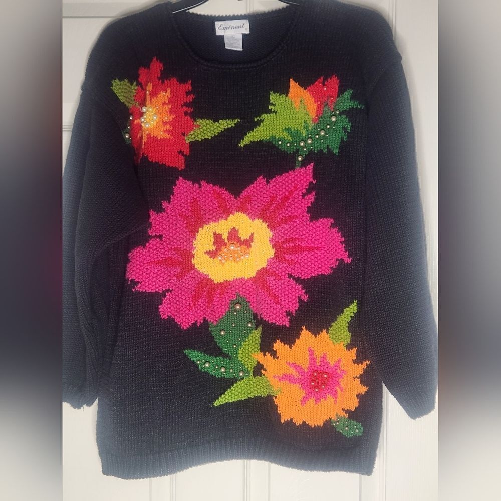 Eminent L Black Ramie Blend Knitted Floral Beaded Longsleeves Women’s Sweater